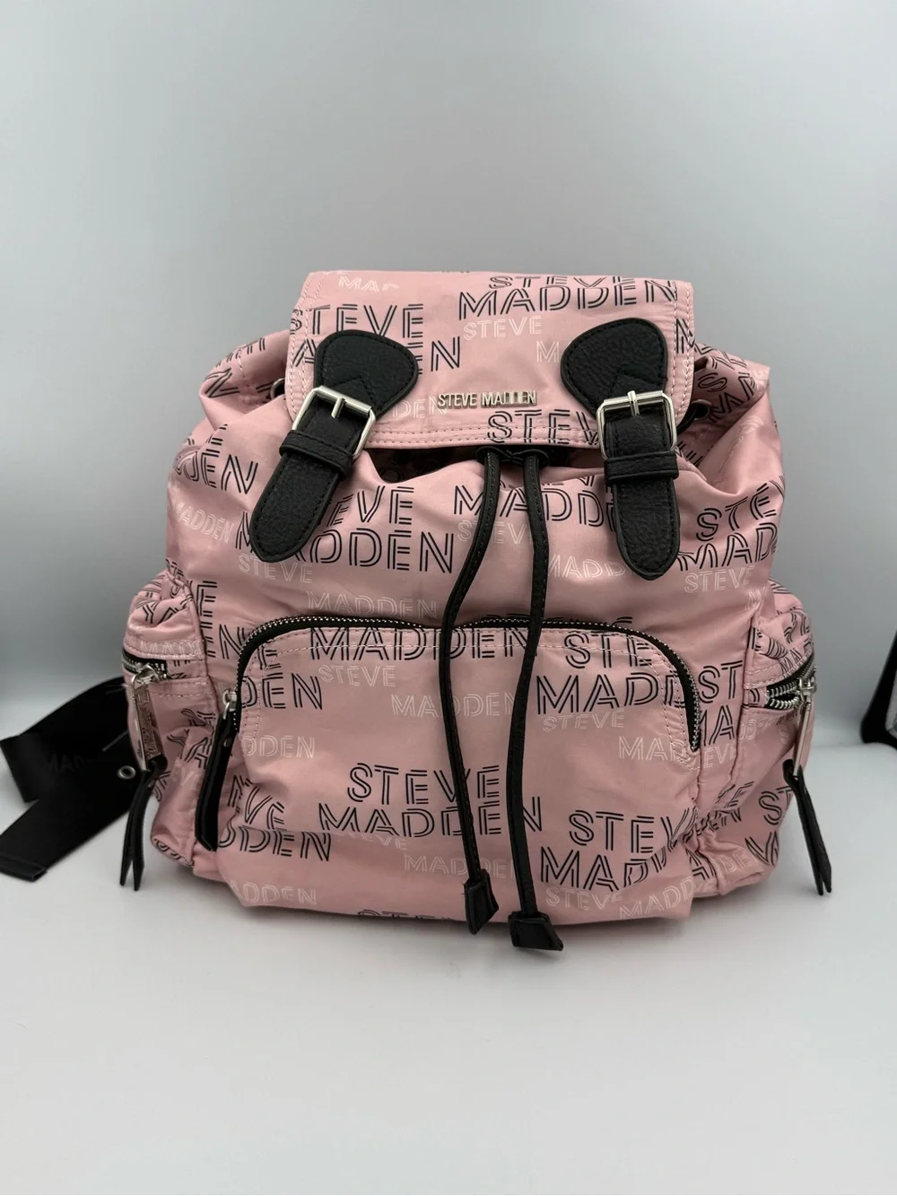 Steve Madden Pink Nylon Mini Backpack All Over Logo Spellout Drawstring Flap